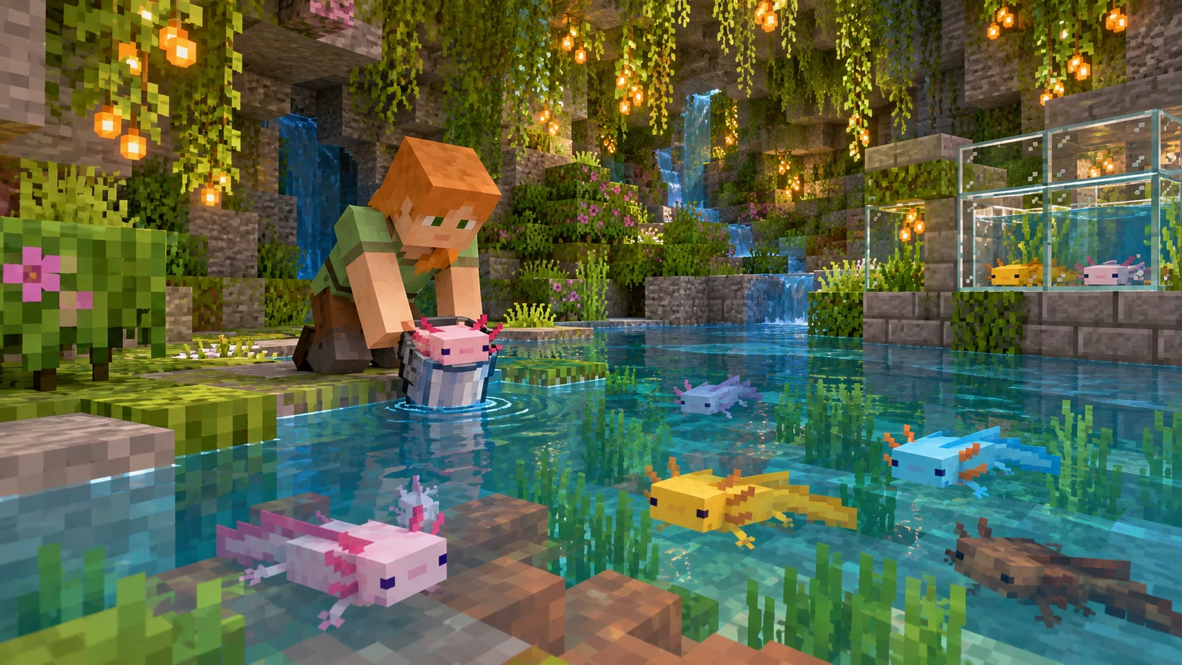 Kolorowe aksolotle w wodnym zbiorniku bujnej jaskini Minecraft