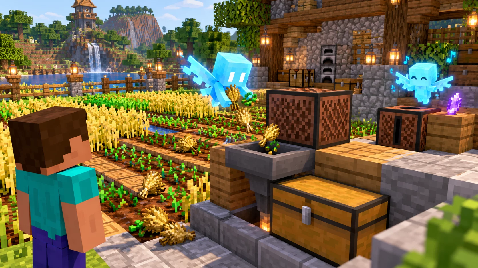 Allay zbierający plony przy bloku dźwiękowym, leju i skrzyni Minecraft