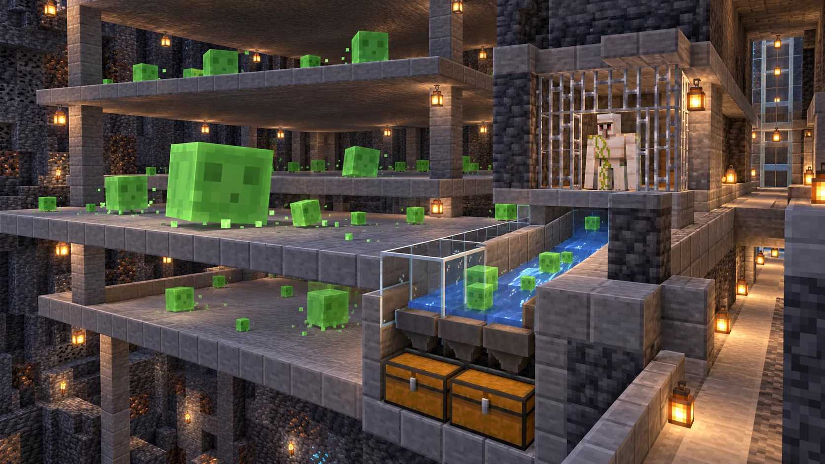 Szlamy różnych rozmiarów na platformach podziemnej farmy Minecraft