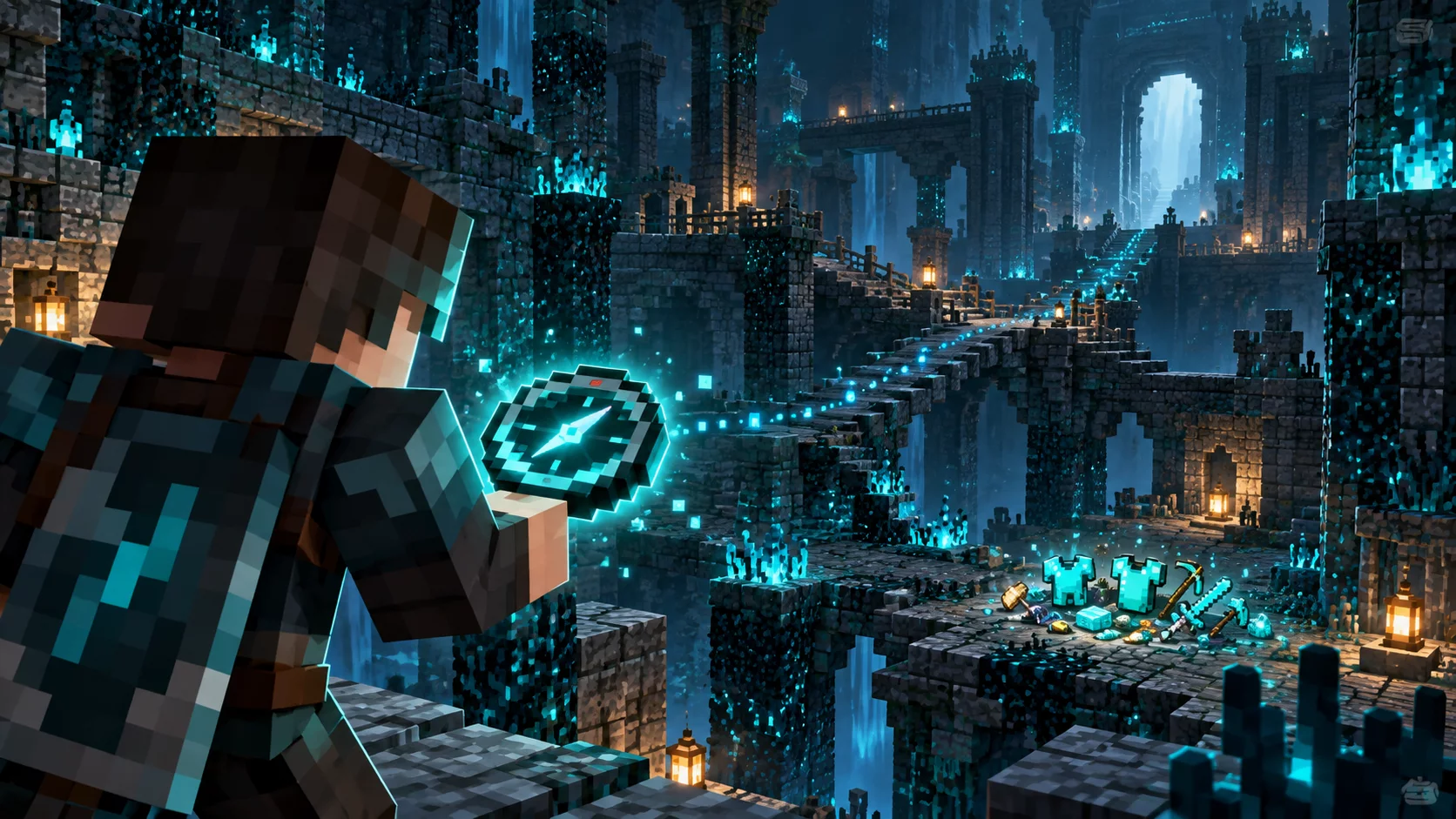 Gracz Minecraft z kompasem odrodzenia szukający utraconego wyposażenia w pradawnym mieście