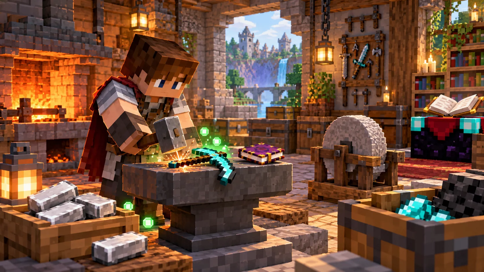 Naprawianie diamentowego kilofa na kowadle w warsztacie Minecraft