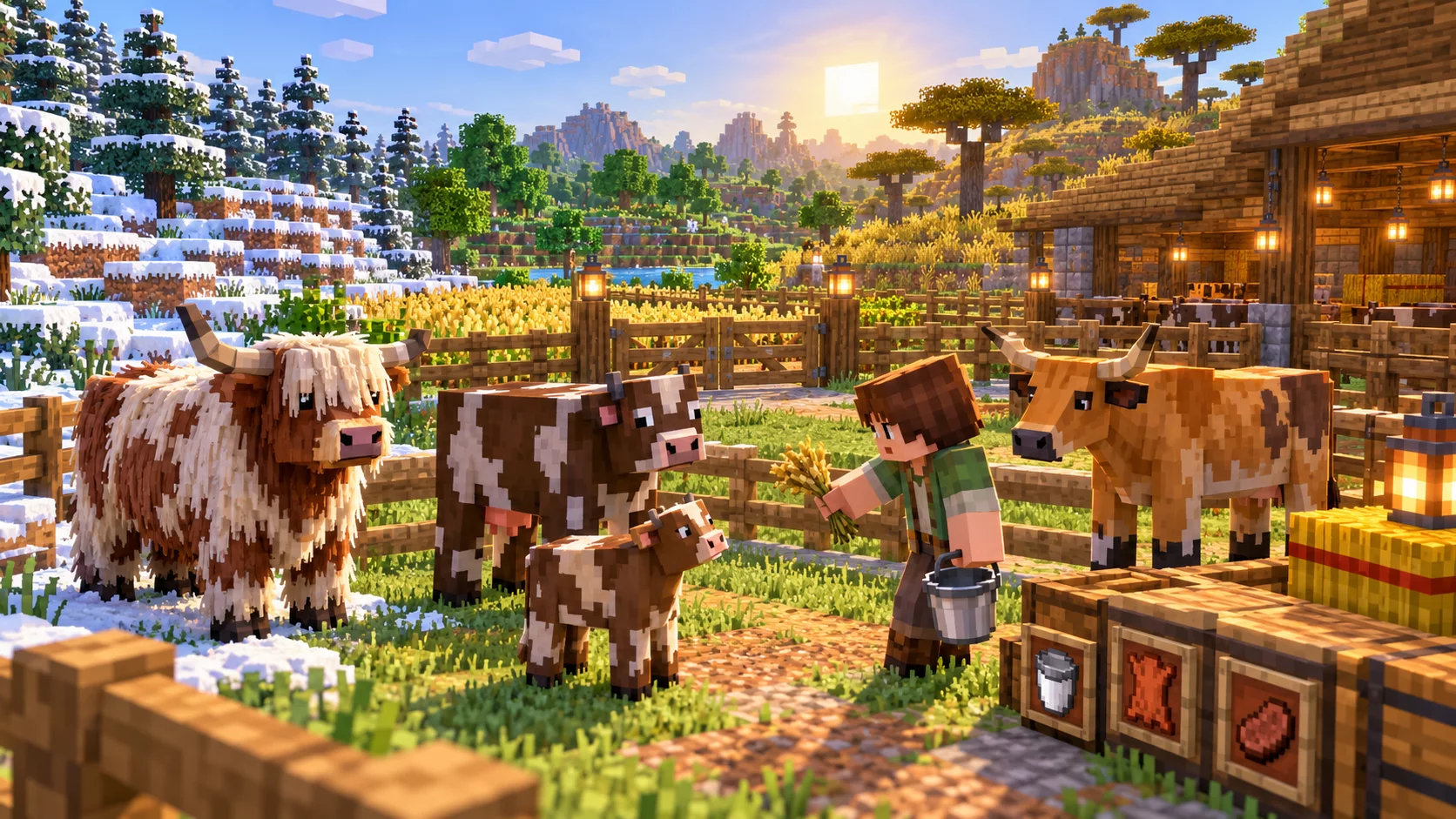 Przestronna hodowla trzech odmian krów Minecraft z polem pszenicy i stanowiskiem do dojenia
