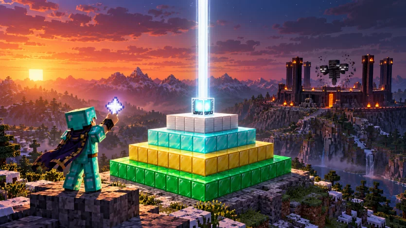 Pełna piramida latarni Minecraft z jasnym promieniem i Gwiazdą Netheru