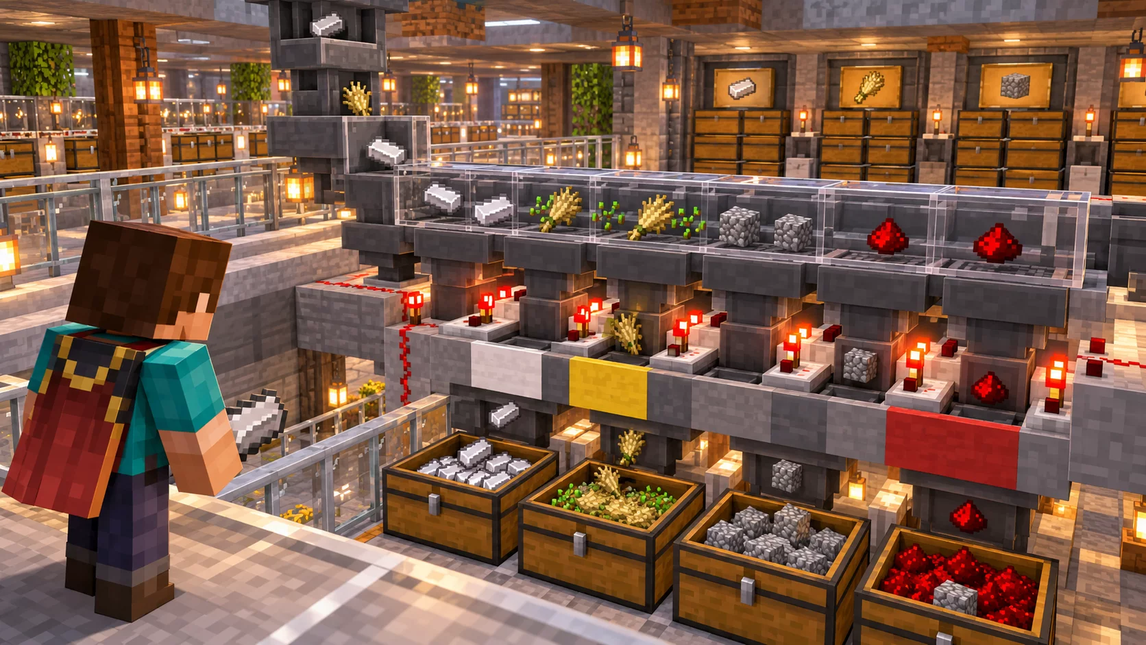 System lejów Minecraft transportujący materiały do oddzielnych skrzyń
