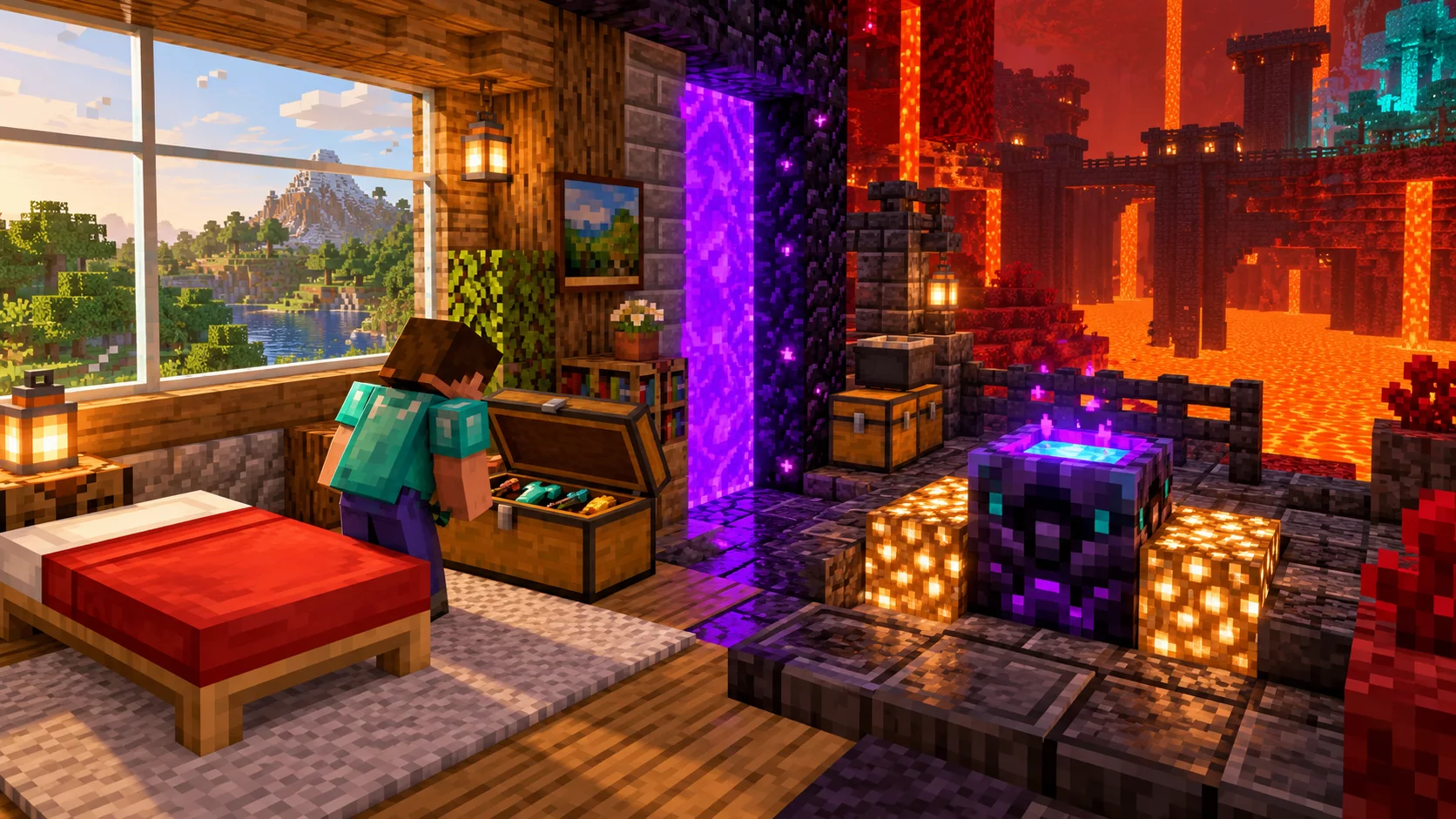 Łóżko w bezpiecznej bazie Minecraft oraz kotwica odrodzenia po drugiej stronie portalu