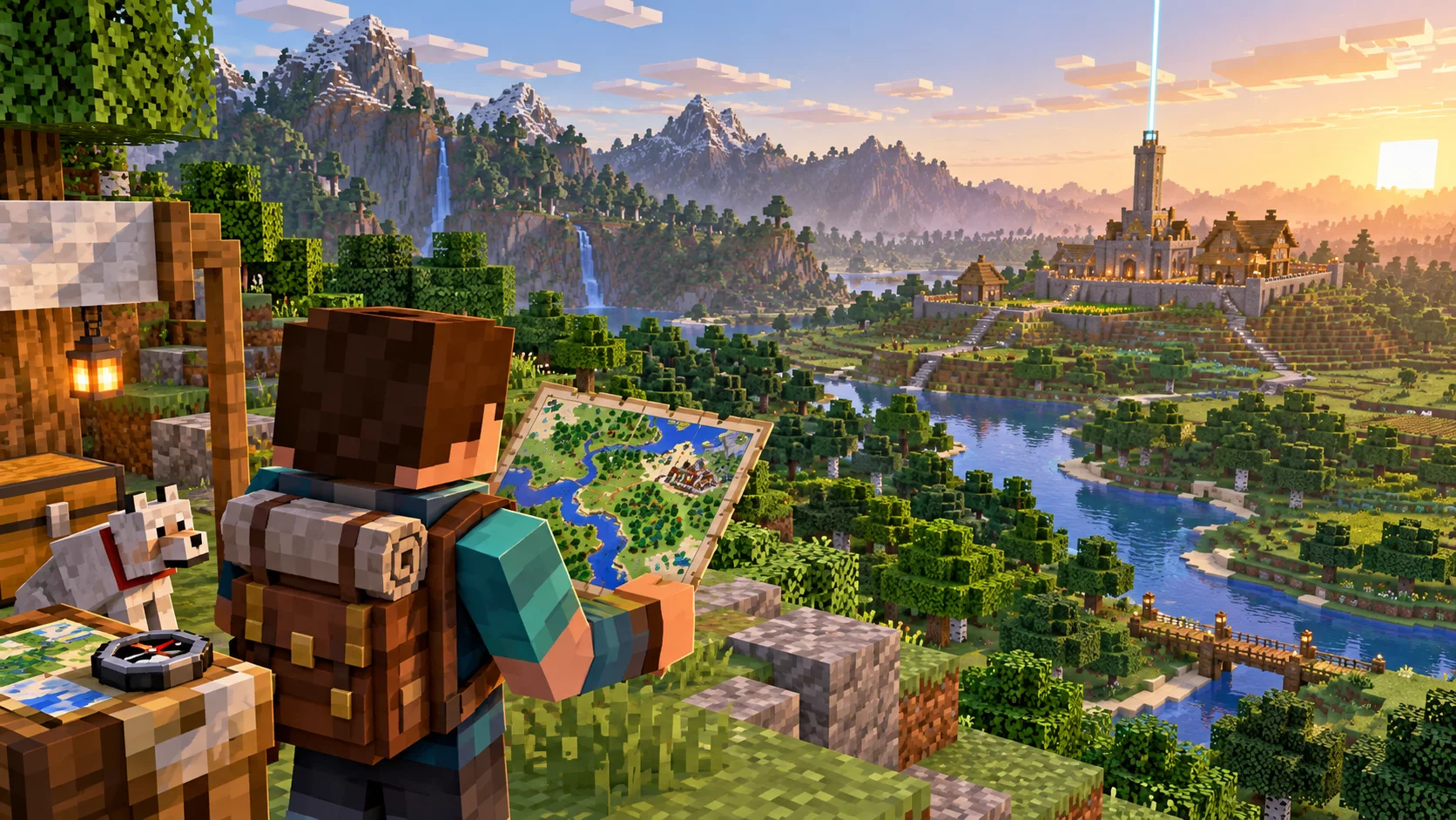 Gracz Minecraft z mapą i kompasem spoglądający na odległą bazę