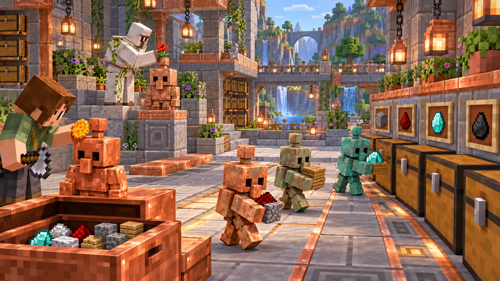 Magazyn Minecraft z miedzianą skrzynią wejściową i golemami rozkładającymi przedmioty