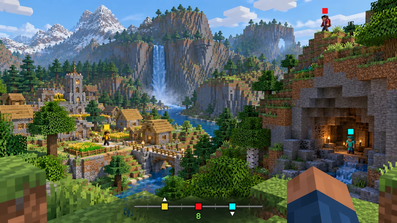Drużyna Minecraft odnajdująca się w górach za pomocą kolorowych znaczników i strzałek wysokości