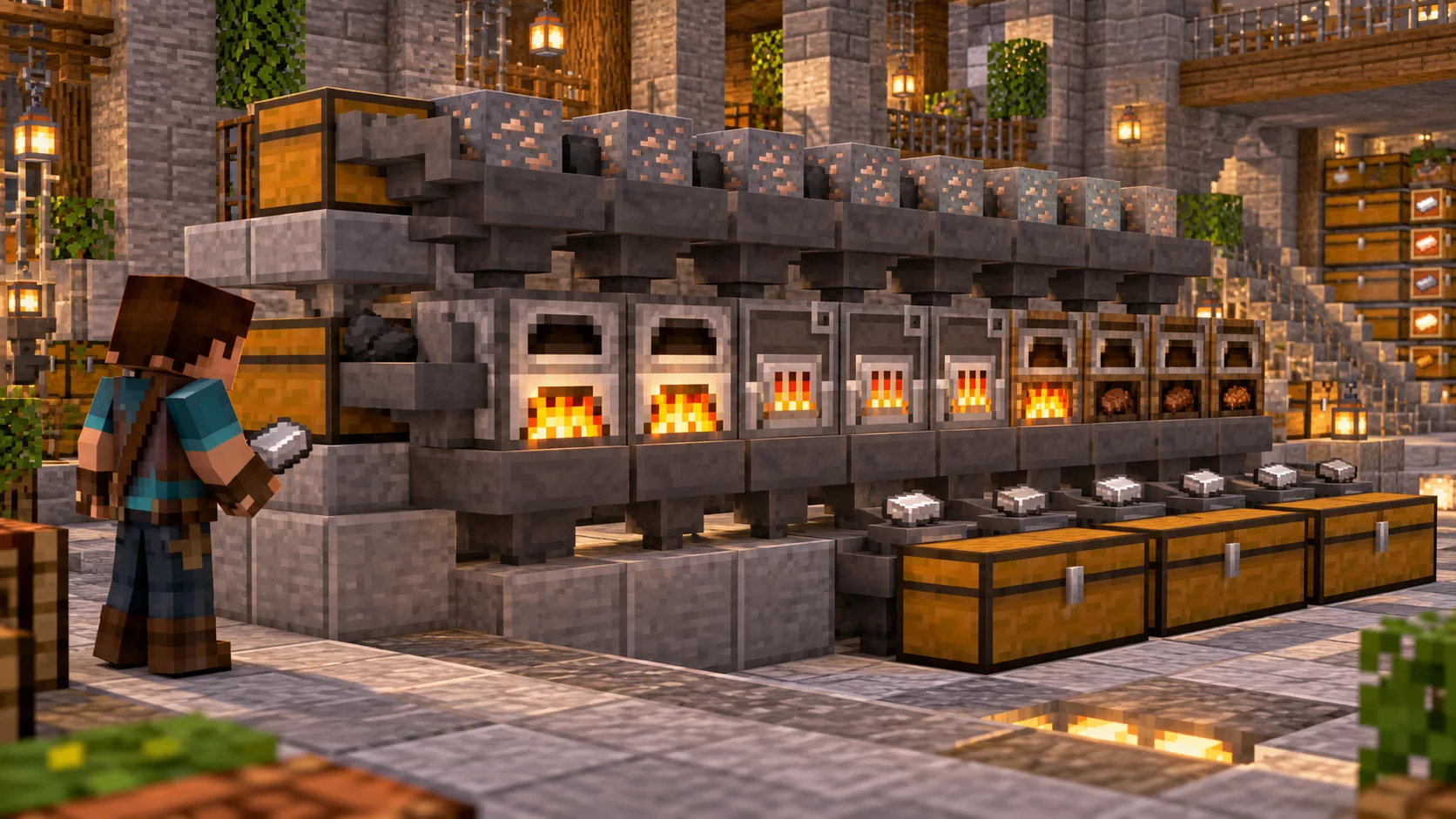 Rząd zwykłych pieców, pieców hutniczych i wędzarni w warsztacie Minecraft
