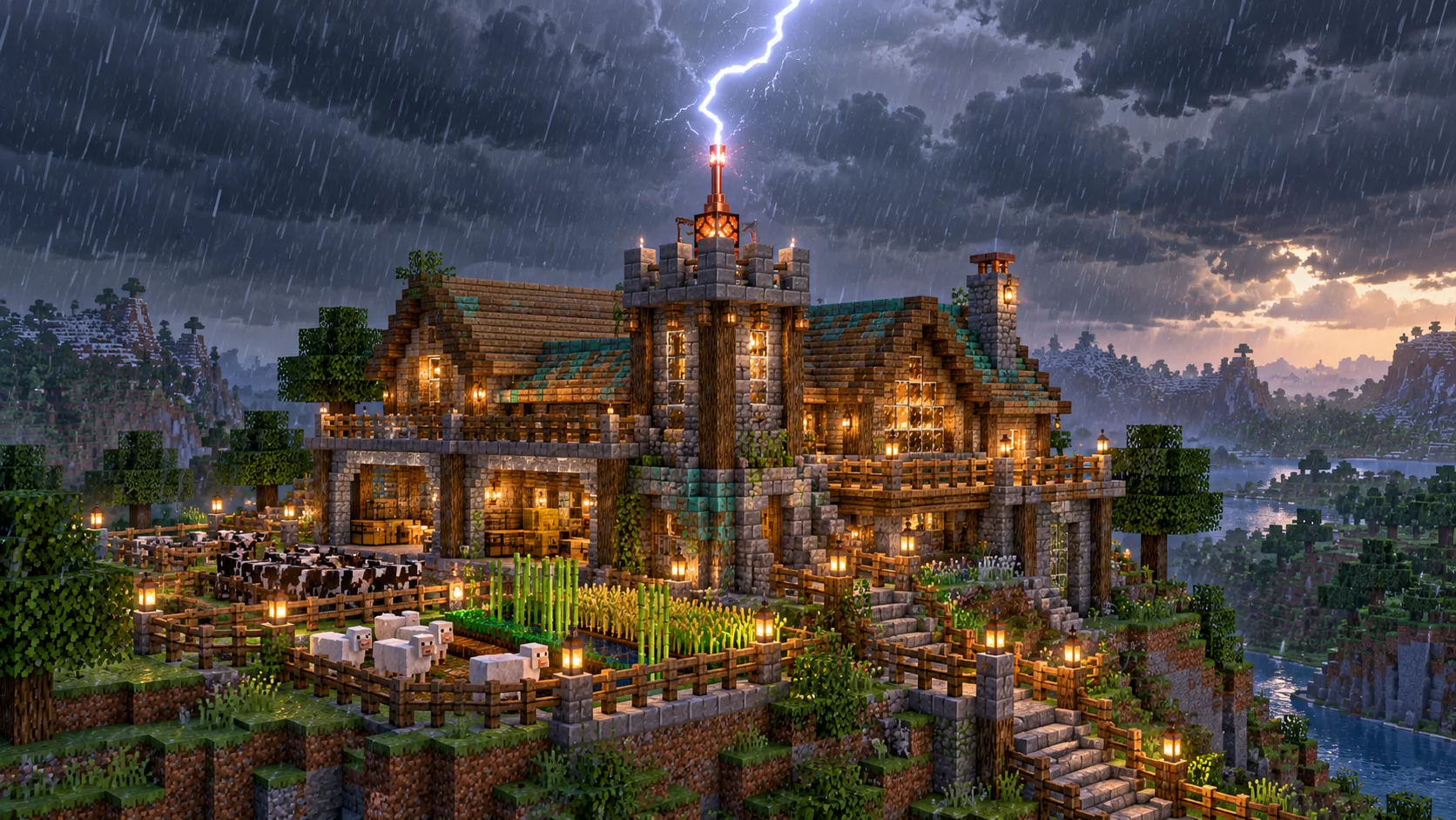 Piorun uderzający w miedziany piorunochron na kamiennej wieży bazy Minecraft