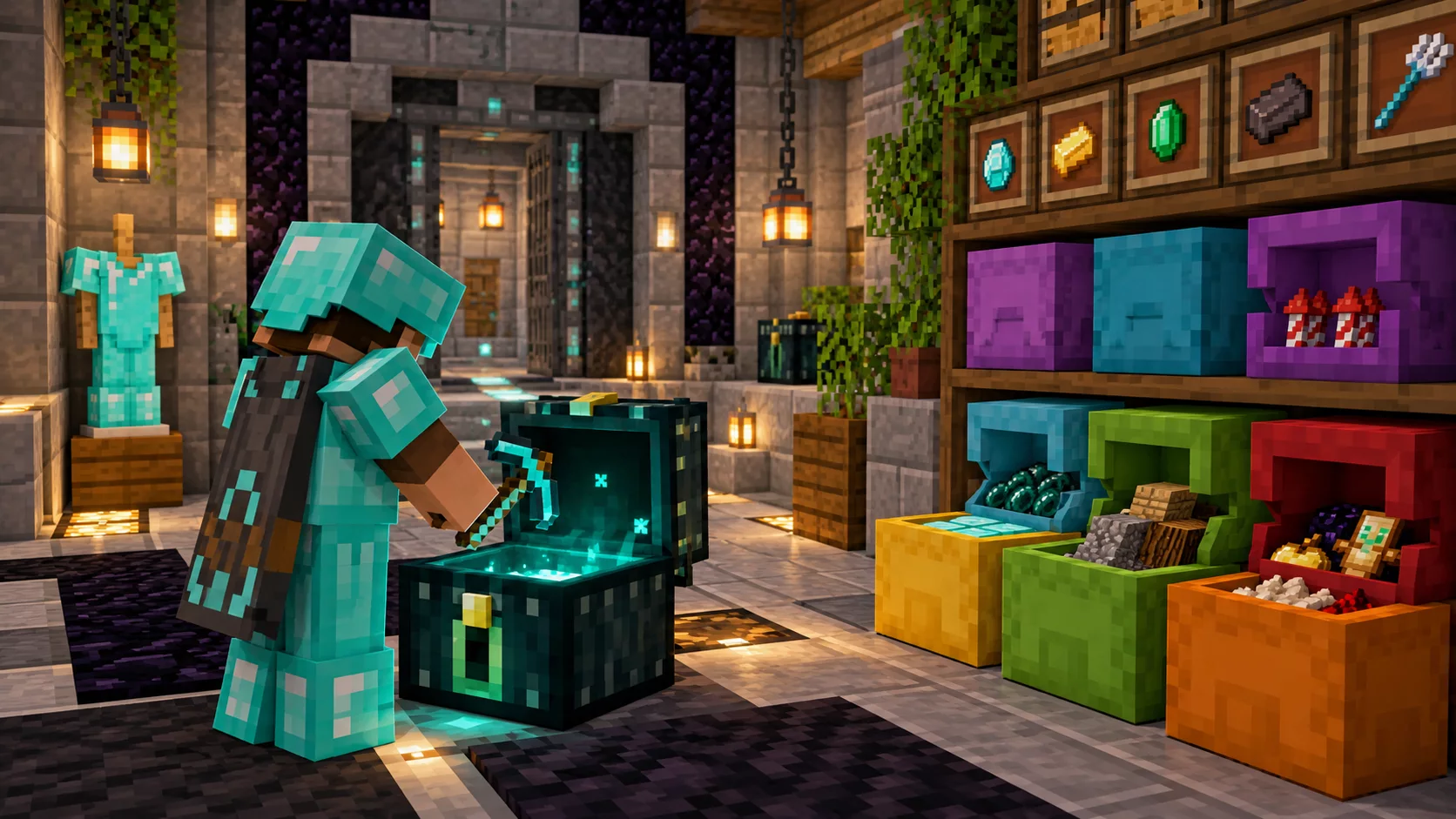 Gracz Minecraft przechowujący cenny kilof w skrzyni Endu obok kolorowych skrzyń shulkerowych
