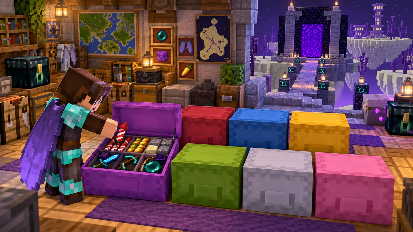Kolorowe skrzynie shulkerowe z wyposażeniem przygotowanym do wyprawy Minecraft