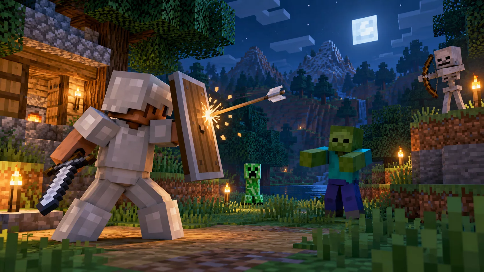 Gracz Minecraft blokujący tarczą strzałę wystrzeloną przez szkieleta