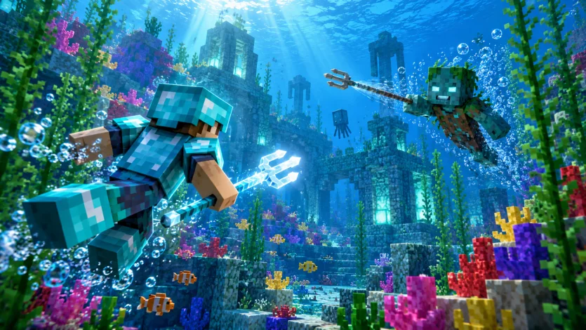 Walka gracza z topielcem uzbrojonym w trójząb w oceanie Minecraft