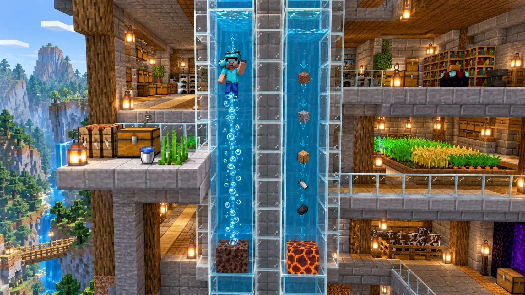 Wiadro wody i dwukierunkowa winda wodna w wielopoziomowej bazie Minecraft