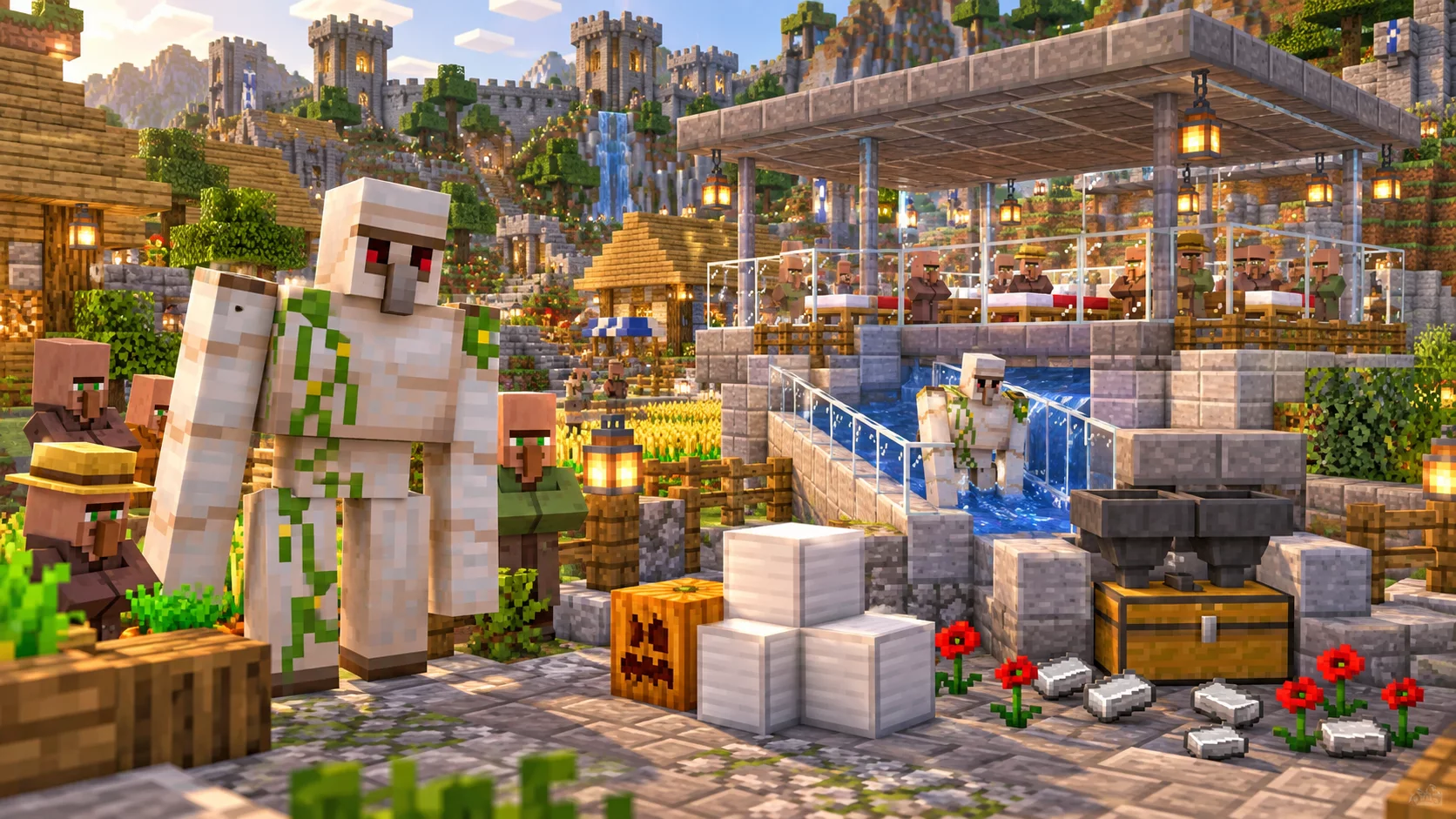 Farma żelaza Minecraft z osadnikami, platformą wodną, golemem, lejami i skrzynią